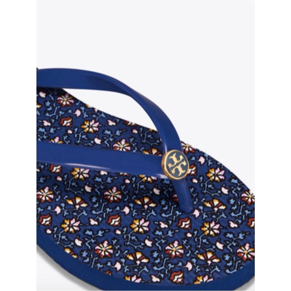 Tory Burch Navy Floral Logo Flip Flop with Gold Emblem